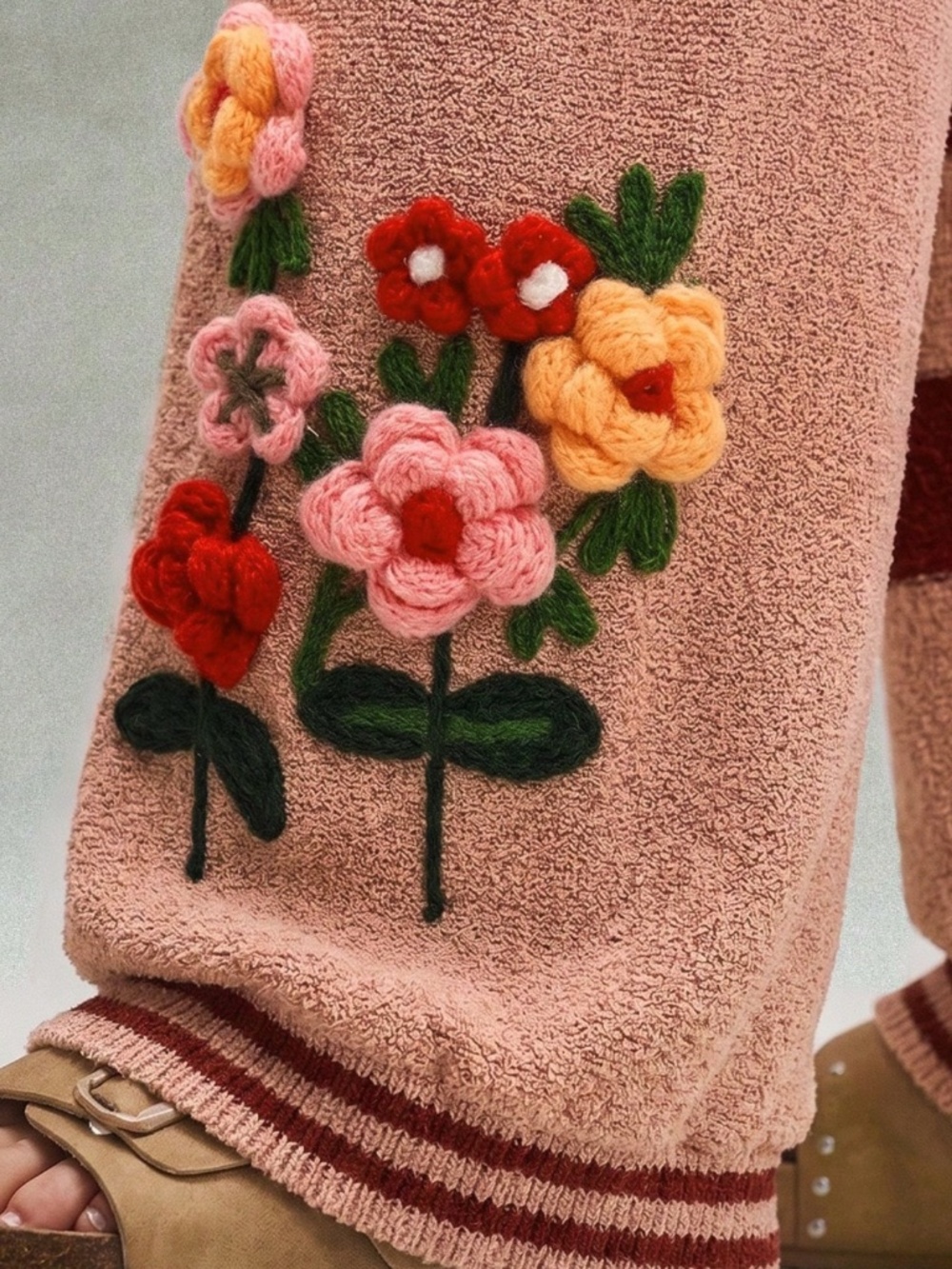 Cozy Floral Crochet Striped Straight leg Drawstring Pants - Picture 3 of 5